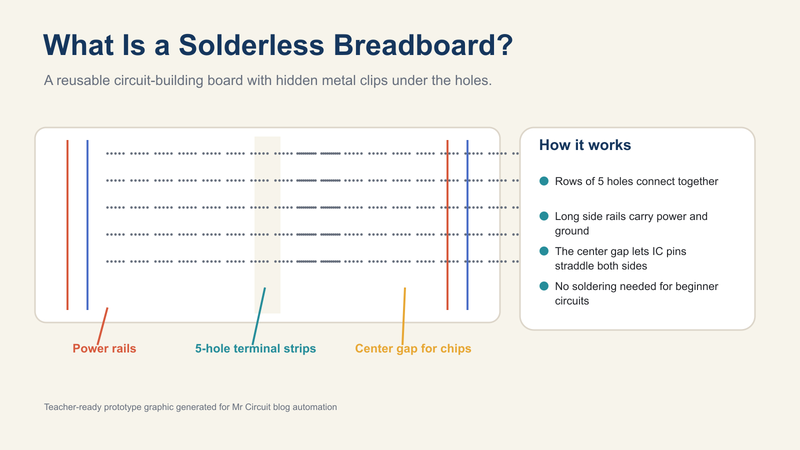 Labeled solderless breadboard diagram showing power rails terminal strips and center gap for beginner electronics students