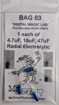 1501-PB03 - Bag #03 - Three Radial electrolytic capacitors 1 ea. of 4.7uF 10uF 47uF FOR LAB 5