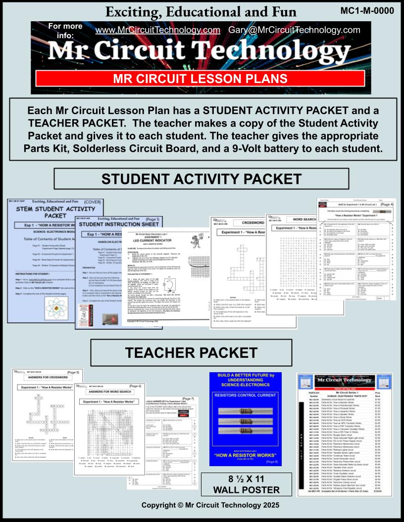 Mr Circuit Lab #1 - 34 Amazing Lesson Plans to teach Basic Electronics for STEM - this is a downloadable pdf file so you can print as many as you need for your students