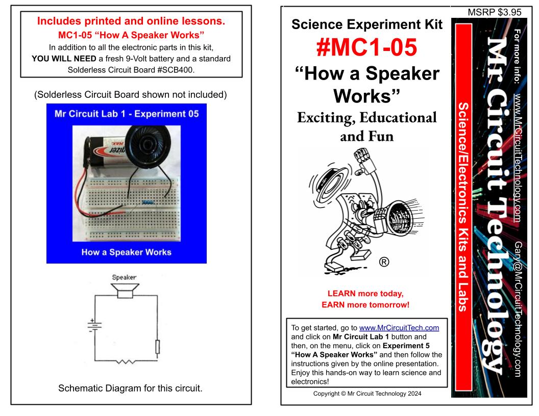 <center>MC1-05 * * Mr Circuit Science * * Experiment Kit<br> 