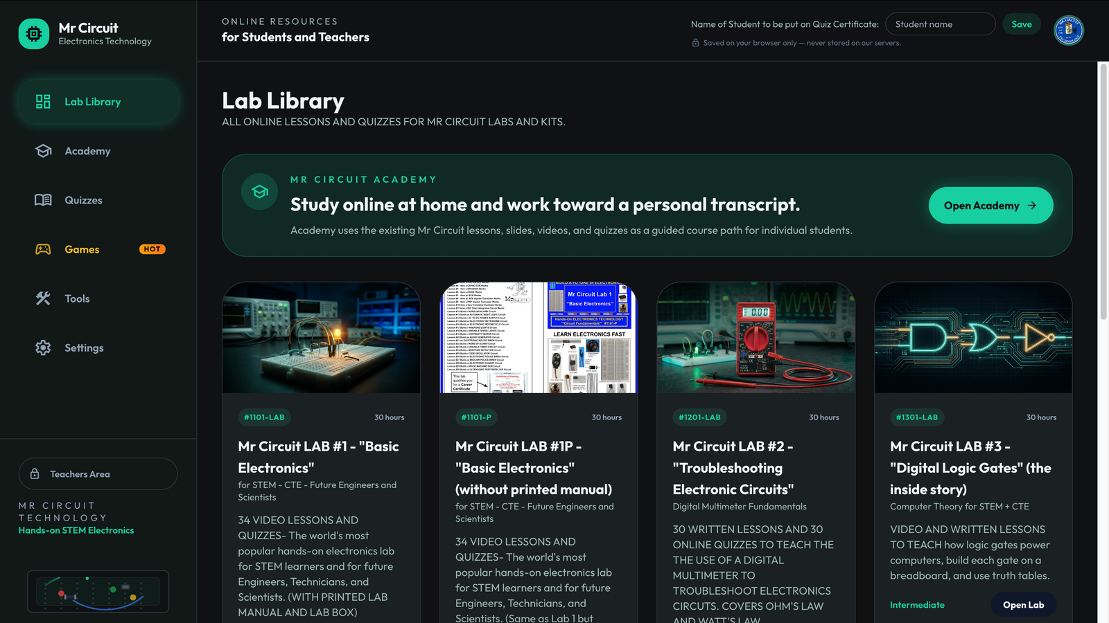 Mr Circuit digital platform — online lessons and quizzes