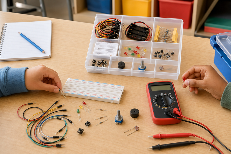 Middle school electronics kit with breadboards, LEDs, resistors, sensors, jumper wires, and a digital multimeter