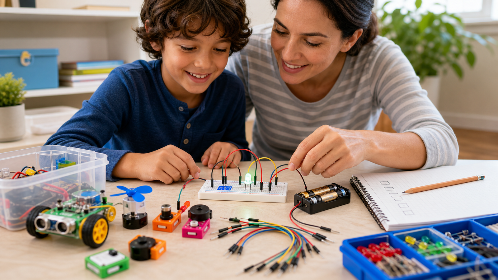 Parent and child building a low-voltage LED circuit on a solderless breadboard with no soldering tools