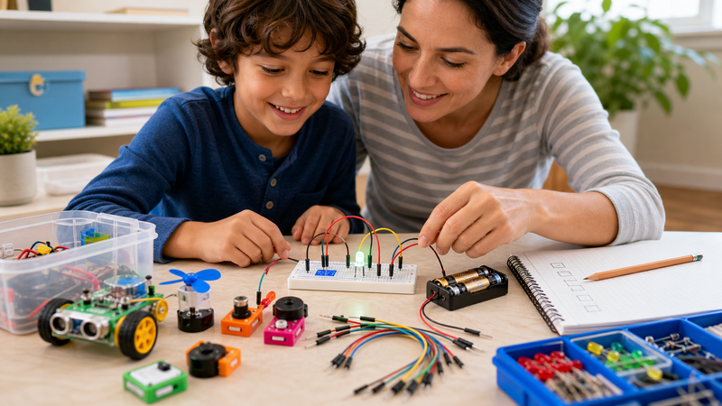 Parent and child building a low-voltage LED circuit on a solderless breadboard with no soldering tools
