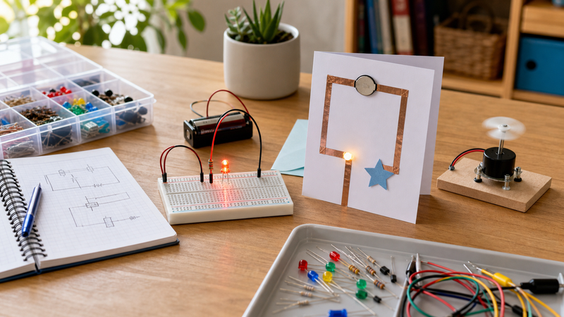 Homeschool electronics table with breadboard LED circuit, paper circuit card, small motor project, component tray, and STEM notebook