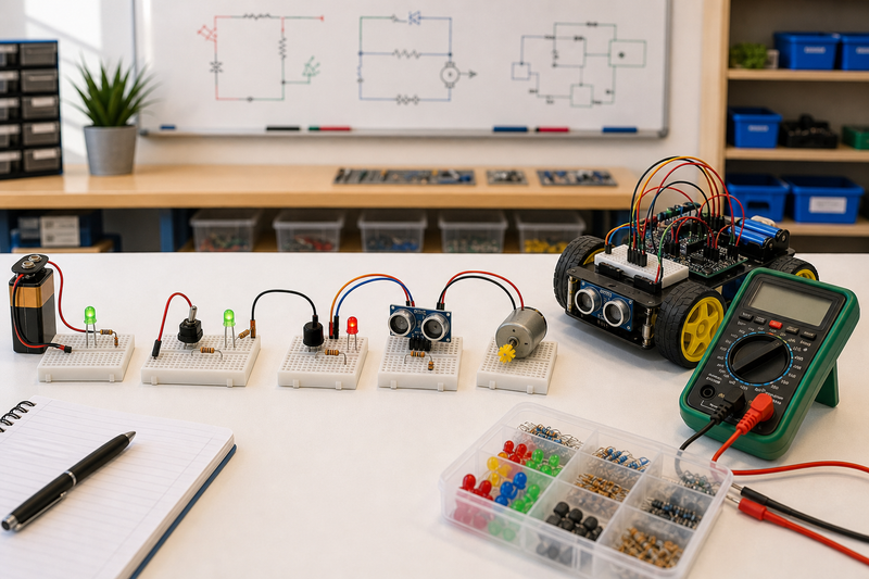 Roadmap diagram showing circuit concepts students should learn before starting robotics including power loops sensors motors and troubleshooting