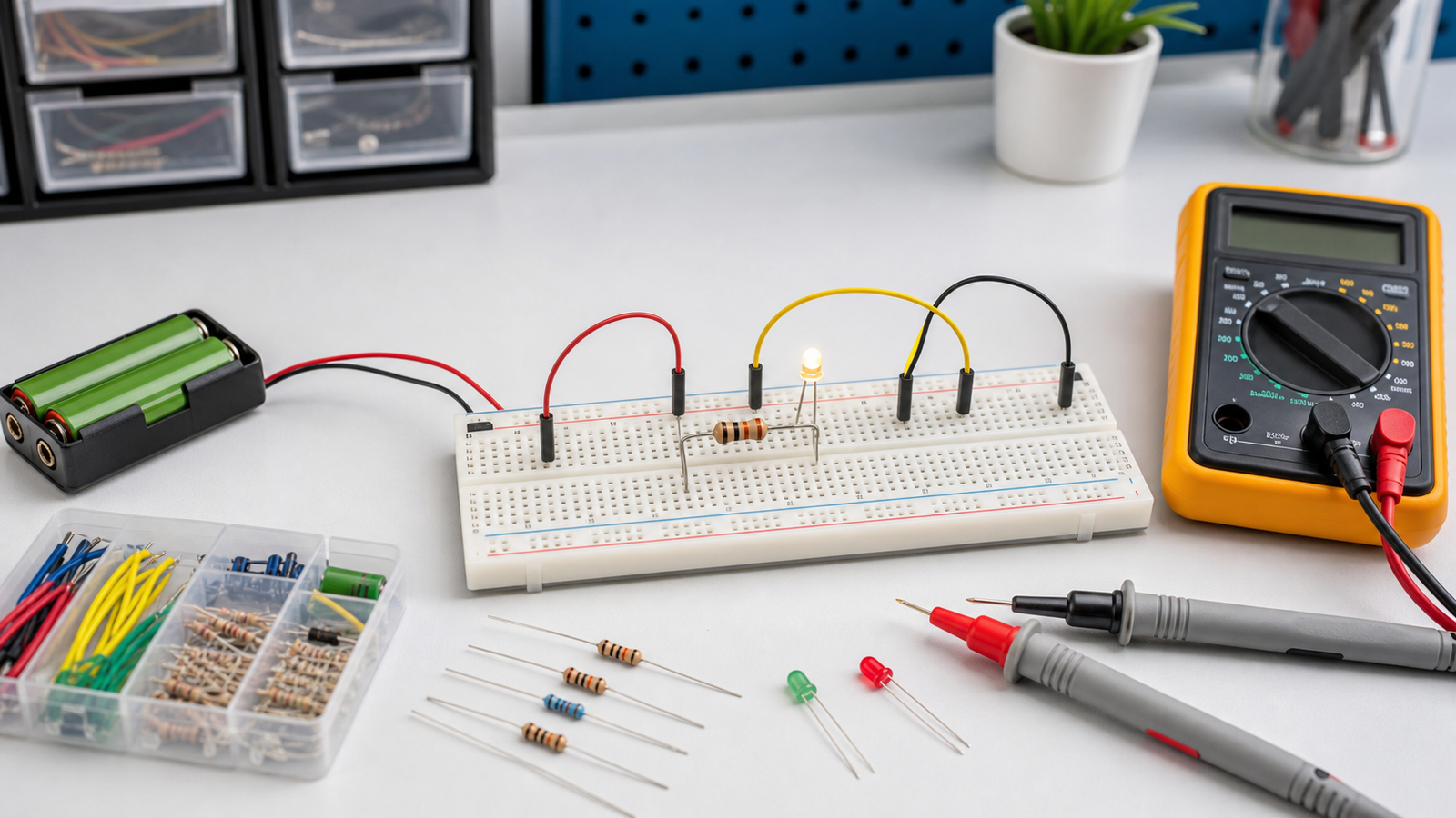 Breadboard circuit and multimeter used to explain current voltage and resistance