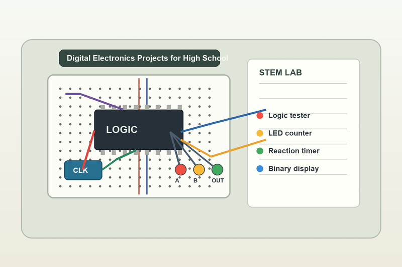 High school digital electronics project board with logic gates counters LEDs and student design notes