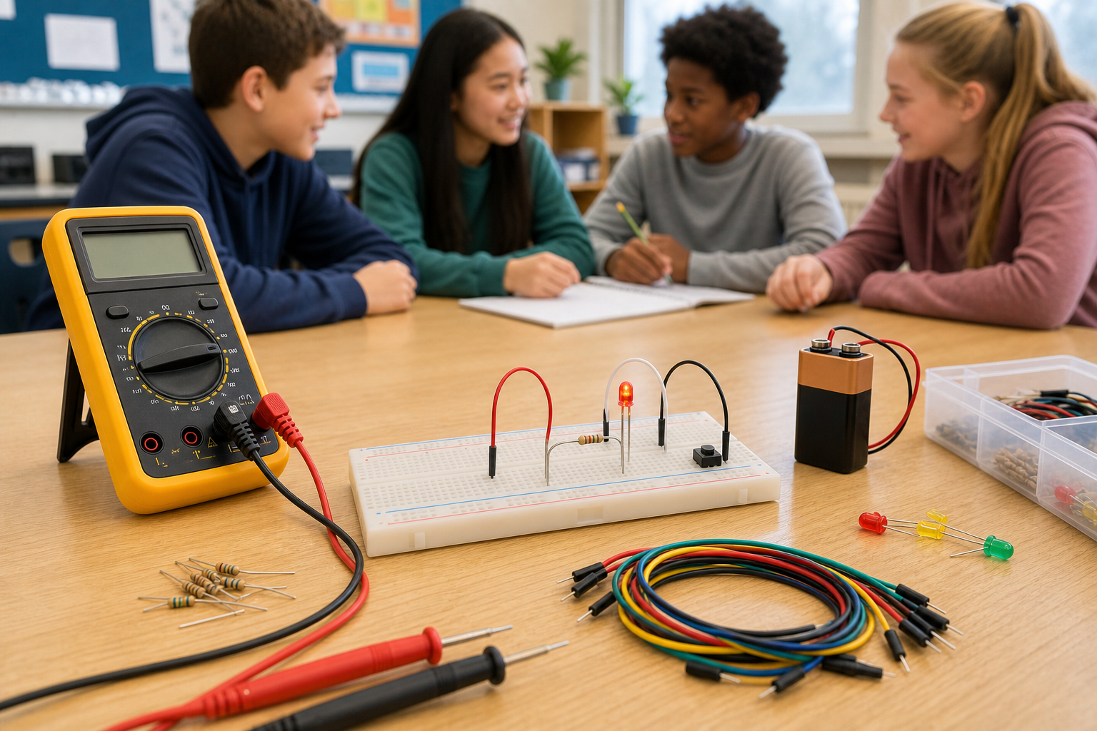 Middle school students discussing a simple classroom electricity circuit with a breadboard and multimeter