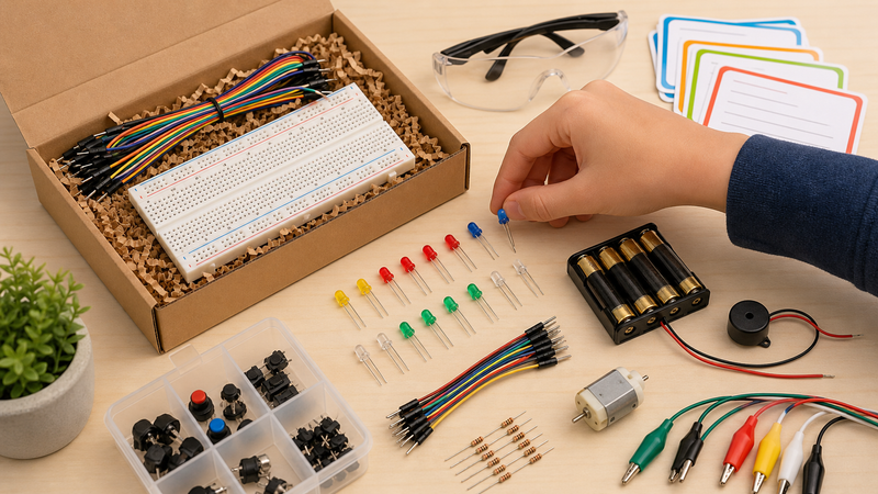 Open homeschool electronics gift box with breadboard, LEDs, jumper wires, safety glasses, AA battery pack, motor, buzzer, and reusable parts
