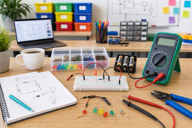 Organized classroom electronics lab with clearly staged low-voltage kits, labeled storage, and safe student work areas