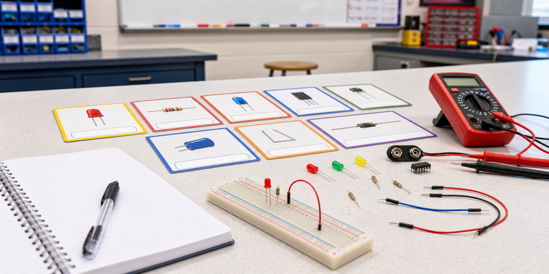 First-year CTE electronics vocabulary cards with breadboard parts, LEDs, resistors, a notebook, and a multimeter on a classroom workbench