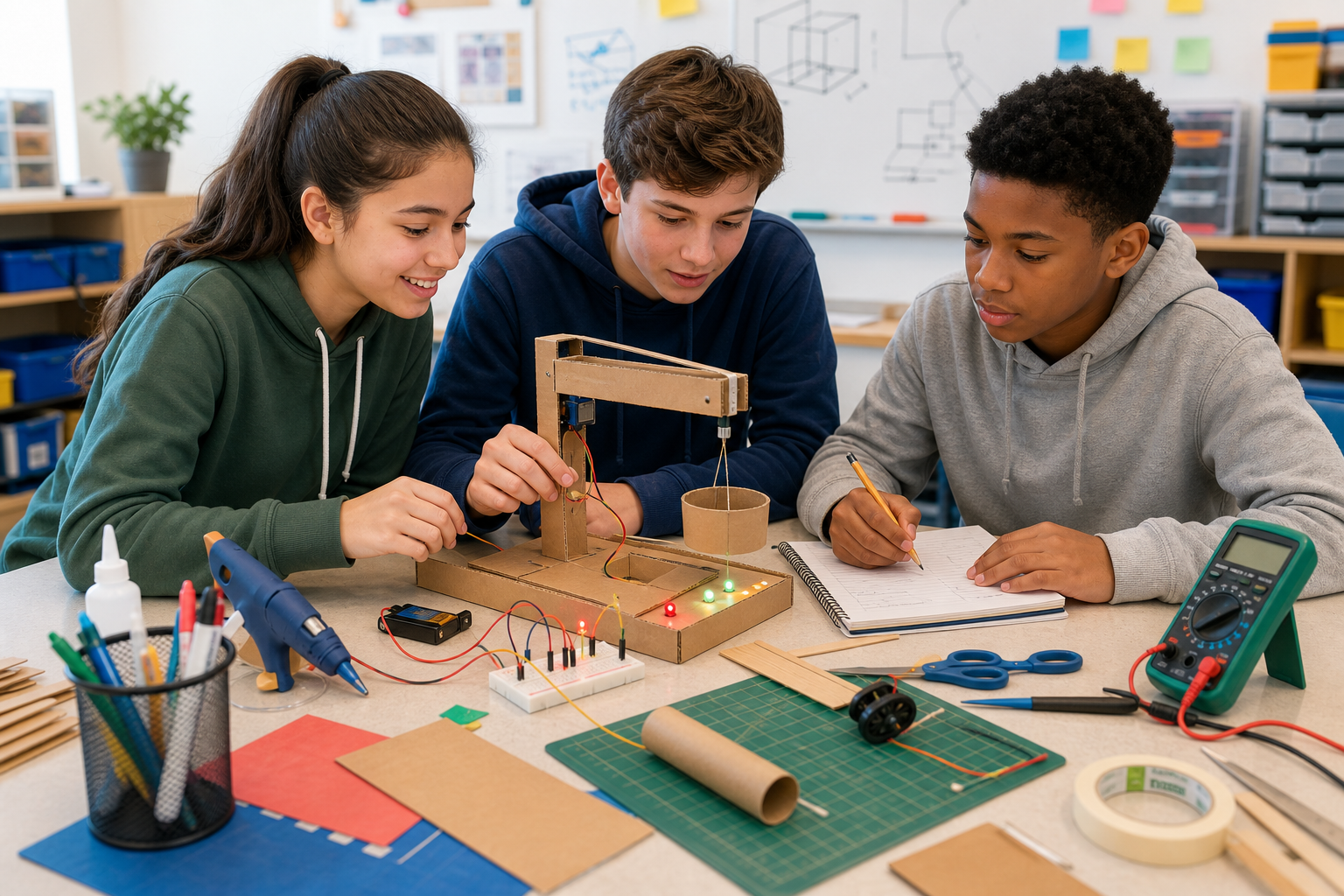Middle school students testing a classroom engineering design prototype with simple circuit materials