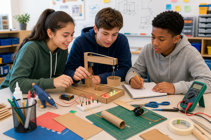 Middle school students testing a classroom engineering design prototype with simple circuit materials