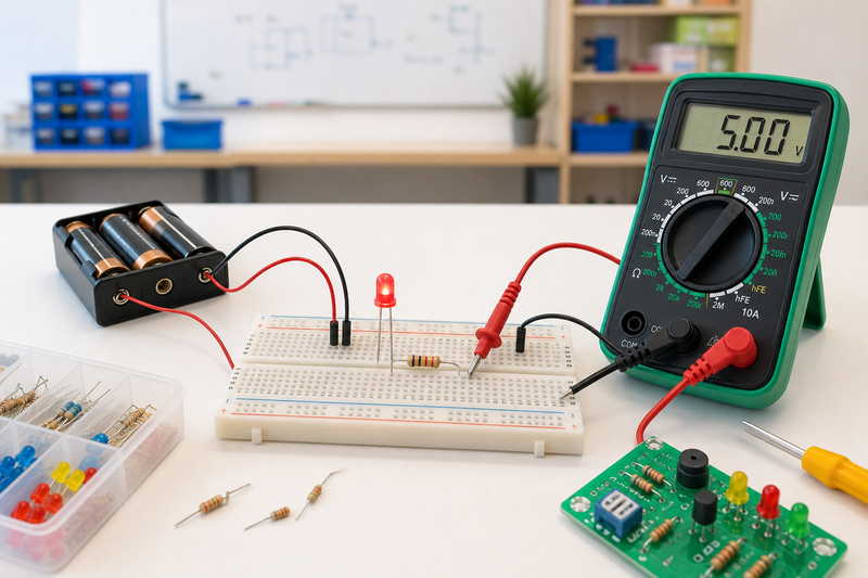 Battery, resistor, LED, and breadboard arranged to explain how a simple classroom circuit is powered