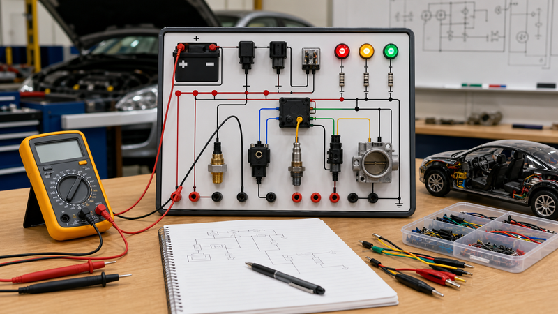 Automotive electronics learning bench with training panel, multimeter, sensors, LEDs, jumper wires, and student notebook