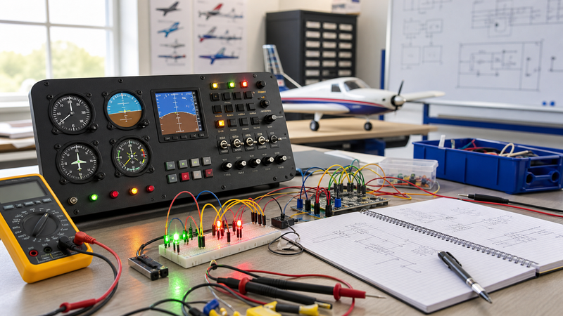 Aviation electronics learning bench with avionics-style panel, breadboard LEDs, multimeter probes, wires, and notebook