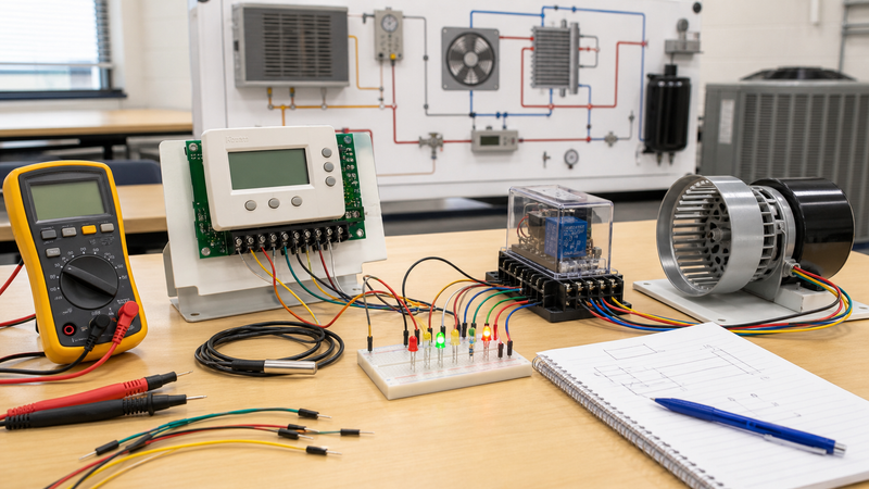 HVAC controls learning bench with thermostat-style board, sensor, relay module, fan motor model, multimeter, LEDs, and notebook