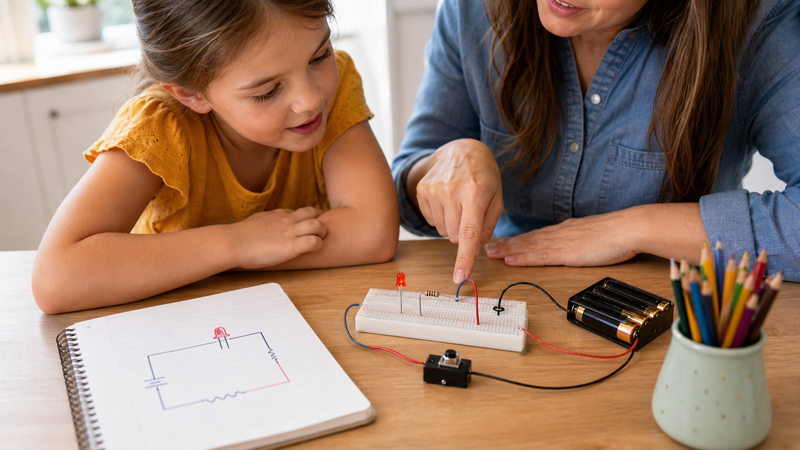 Parent explaining a safe low-voltage breadboard LED circuit to a child at a homeschool table