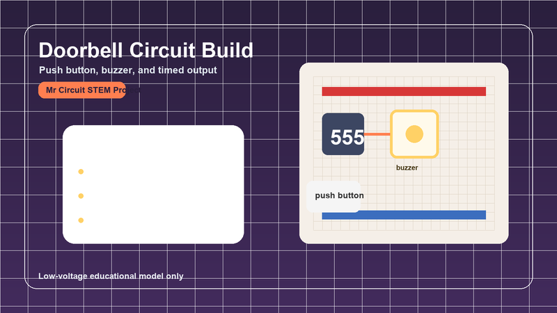 Doorbell circuit on a breadboard with a push button, buzzer, timer chip, and indicator LED