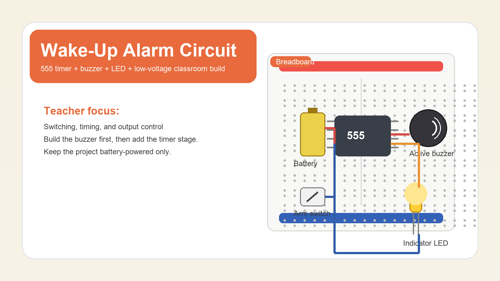 Wake-up alarm circuit on a breadboard with a 555 timer, buzzer, LED, switch, and battery pack