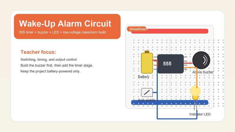 Wake-up alarm circuit on a breadboard with a 555 timer, buzzer, LED, switch, and battery pack