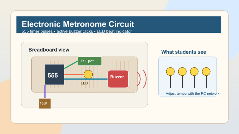 Breadboard metronome circuit with a 555 timer, adjustable resistor, LED beat light, and buzzer output