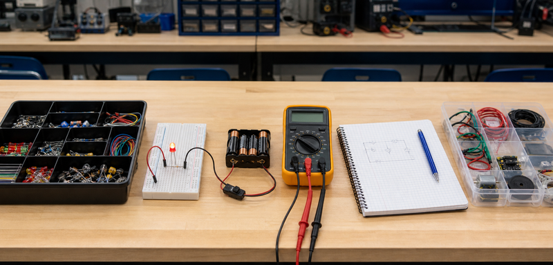 Intro CTE electronics unit setup with breadboard LED circuit, multimeter, battery pack, notebook, and organized component trays