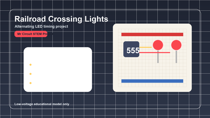 Railroad crossing light model with alternating red LEDs, timing chip, and resistor network on a breadboard