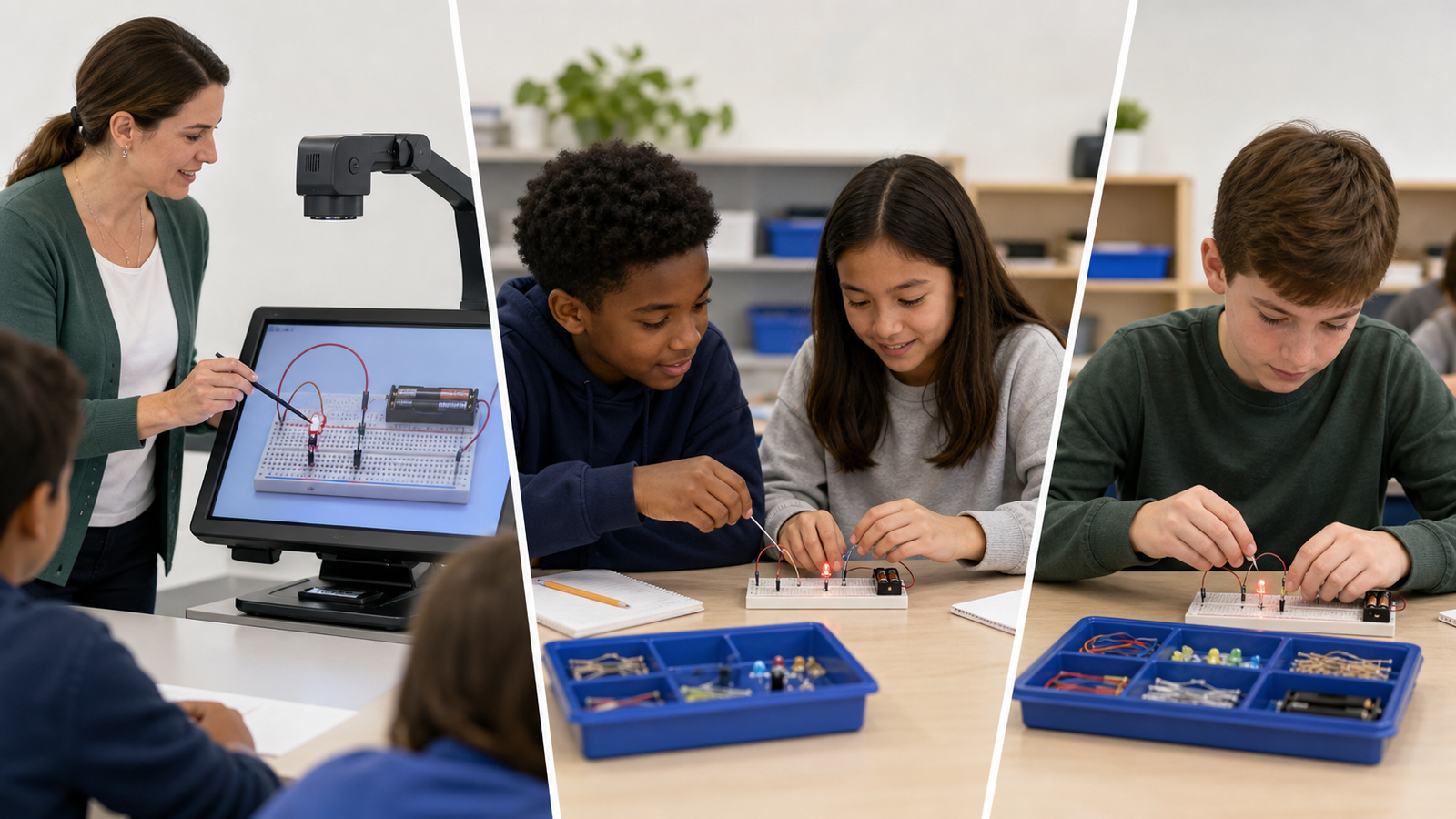 STEM circuit lesson showing teacher demonstration, student pair work, and individual breadboard builds