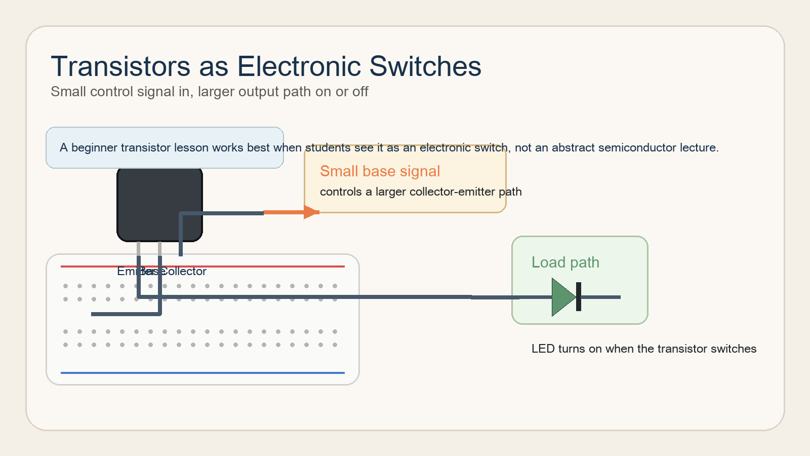 Educational bitmap showing an NPN transistor switching an LED on a breadboard with labeled base, collector, and emitter connections