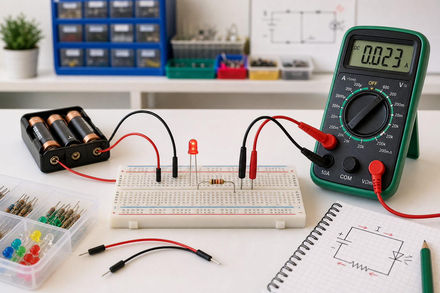 Multimeter checking a broken connection on a simple classroom breadboard circuit