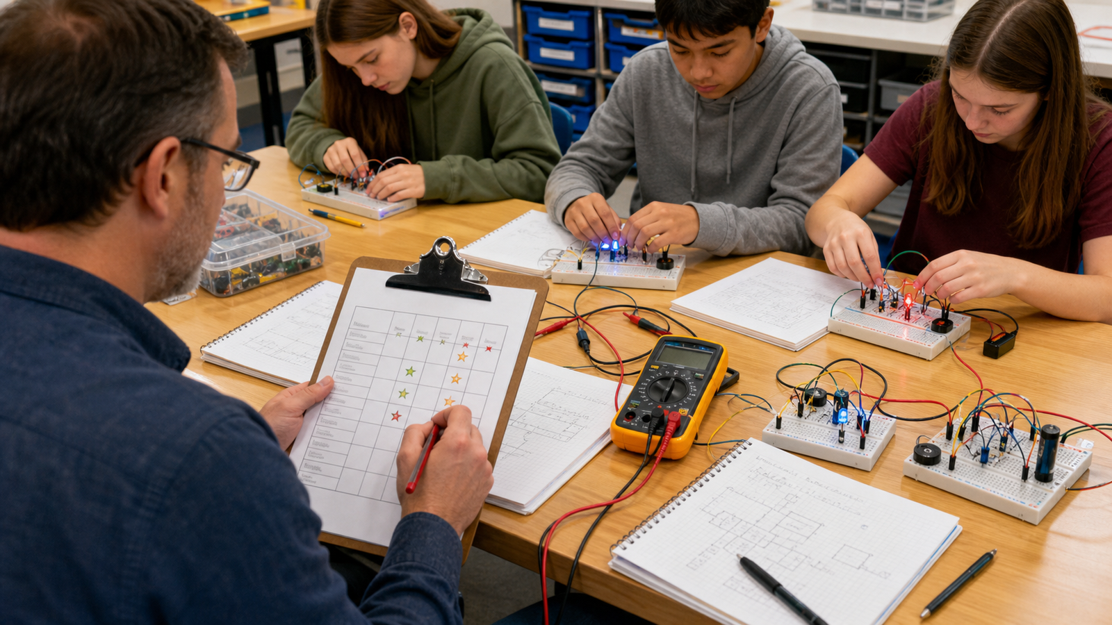 Teacher grading hands-on circuit projects with a rubric and student breadboards