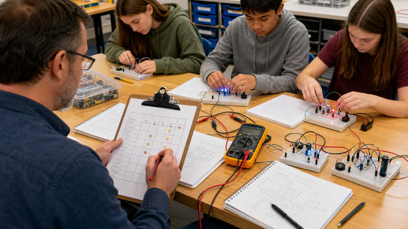 Teacher grading hands-on circuit projects with a rubric and student breadboards