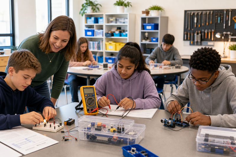 Students working in small groups to test simple circuits during an active classroom lab