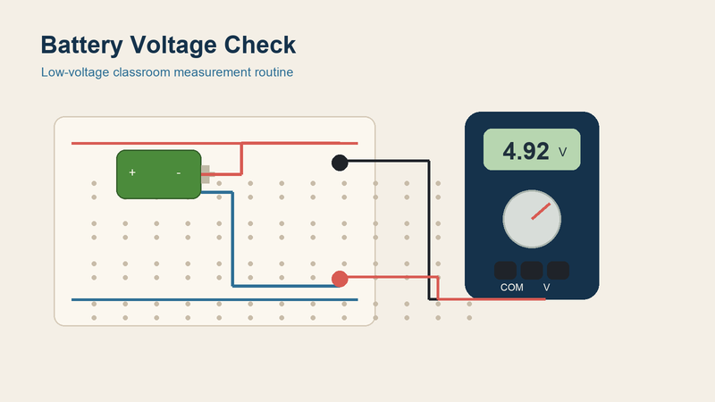 Digital multimeter checking battery voltage on a simple classroom breadboard circuit
