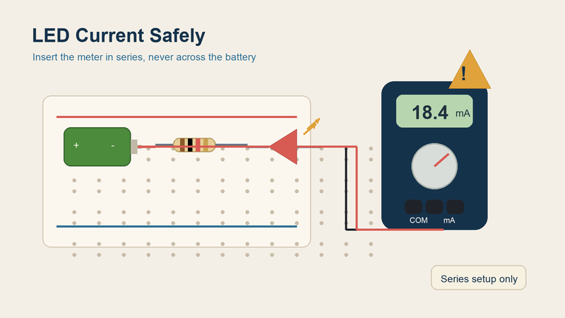 Digital multimeter measuring LED current in series with a simple classroom circuit