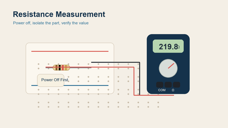 Digital multimeter measuring resistance of a resistor on a classroom workbench