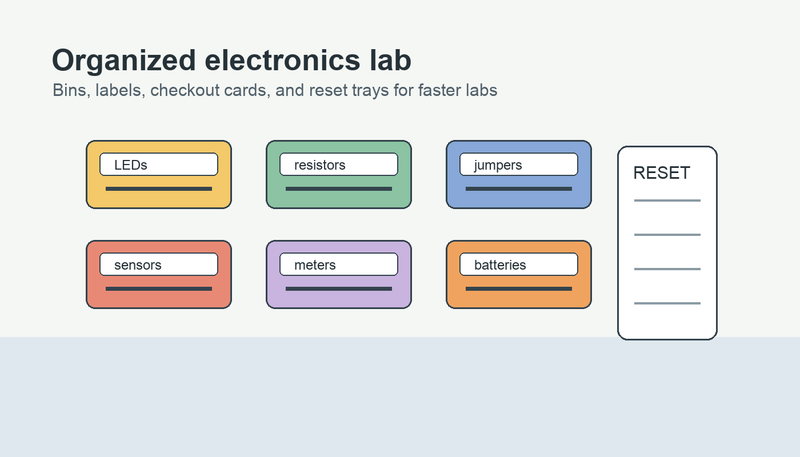 Labeled bins and reset tray for organizing classroom electronics lab components