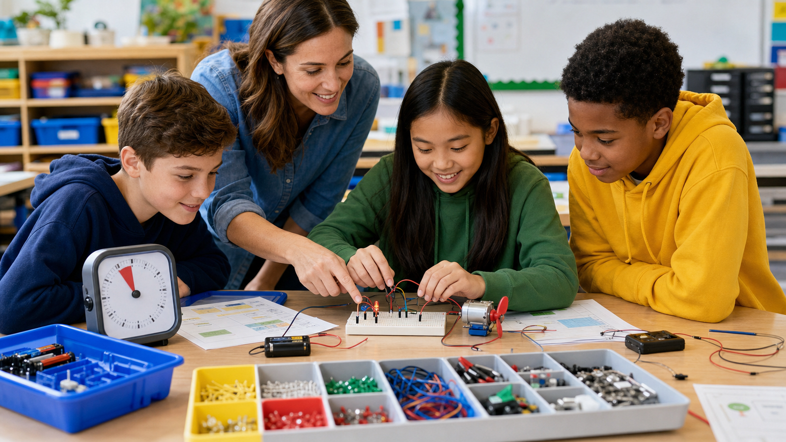 Teacher guiding students through a timed low-voltage circuit build during a 45-minute STEM lesson