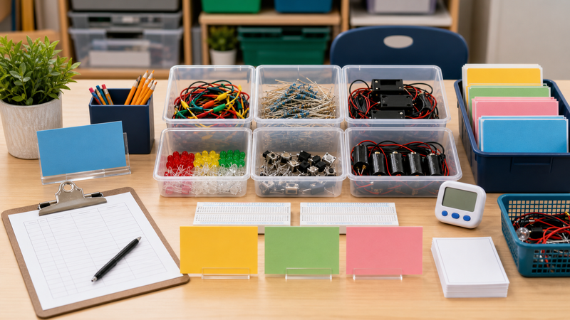 Organized low-voltage circuit materials, breadboards, and blank station cards prepared for a substitute-friendly STEM lab