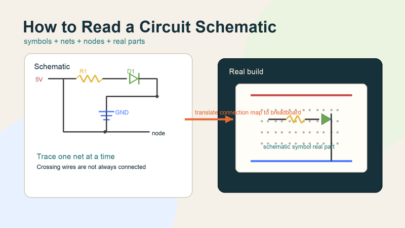 Educational bitmap showing a beginner circuit schematic beside a breadboard with labeled symbols, wires, and component callouts