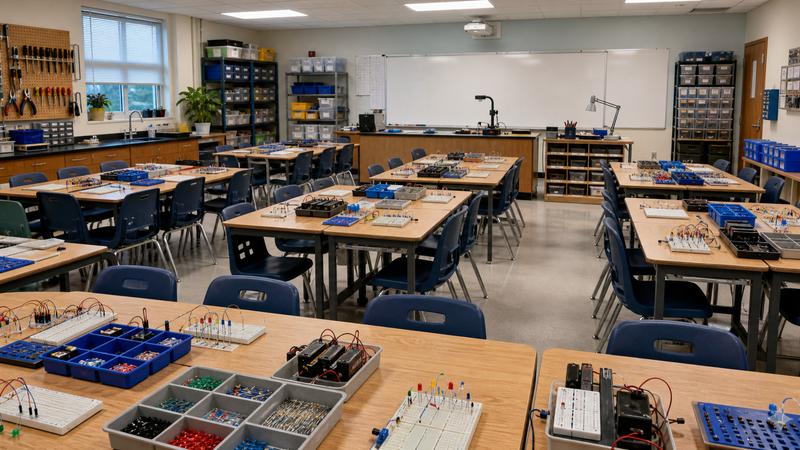 Organized electronics classroom with labeled bins and student circuit stations