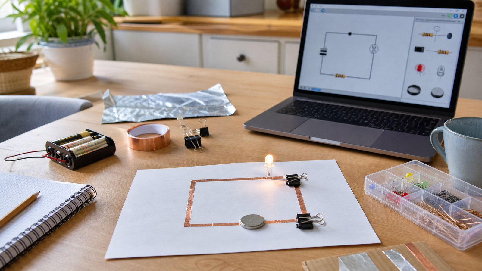 Home table with paper circuit, glowing LED, copper tape, batteries, binder clips, notebook, and circuit simulator on a laptop
