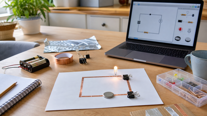 Home table with paper circuit, glowing LED, copper tape, batteries, binder clips, notebook, and circuit simulator on a laptop