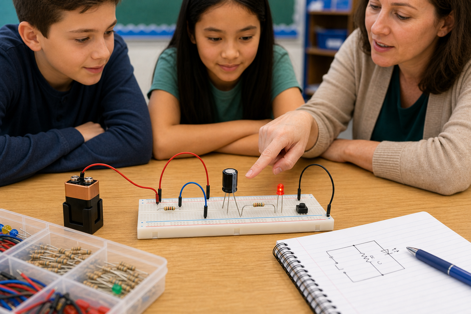 Teacher pointing to a breadboard capacitor demo with an LED, resistor, and battery while students observe