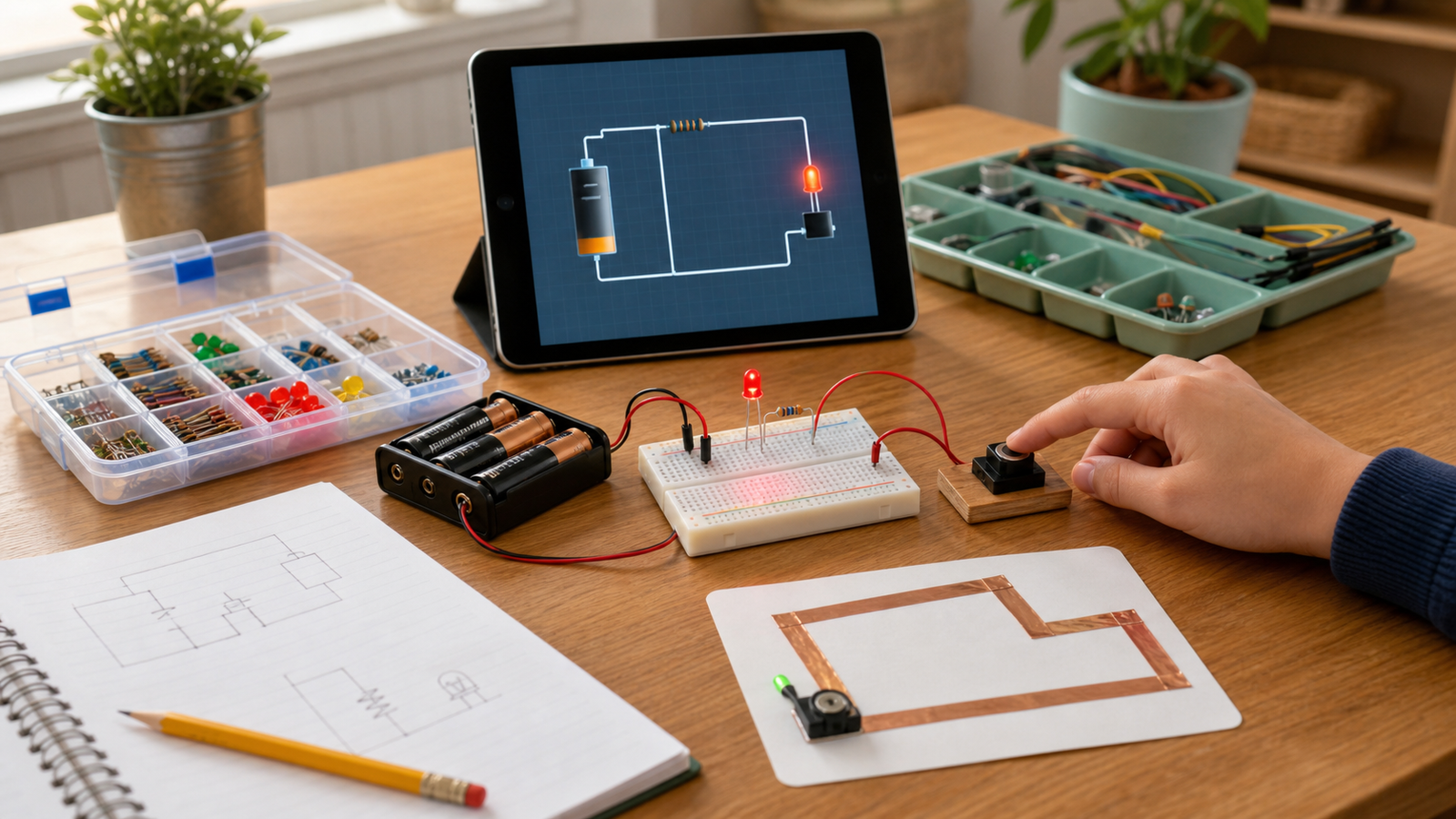 Homeschool electronics lesson with breadboard LED circuit, copper tape card, component tray, notebook, and tablet circuit simulation