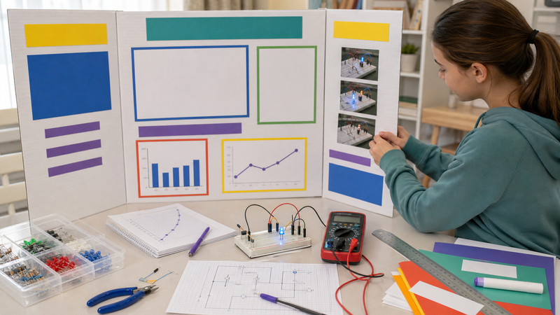 Student preparing a science fair display board with a low-voltage breadboard circuit, multimeter, notebook graph, and project photos