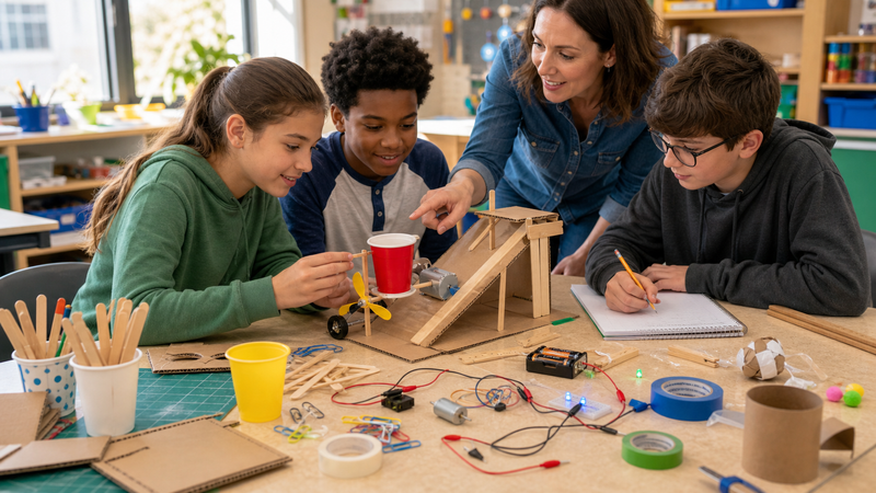 Students turning everyday classroom objects into a testable STEM design challenge with simple circuit parts