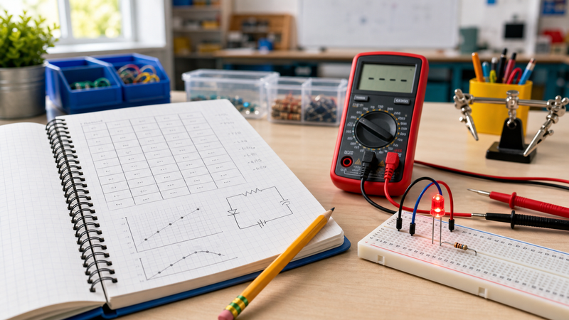 STEM notebook with measurement data beside a multimeter and breadboard circuit